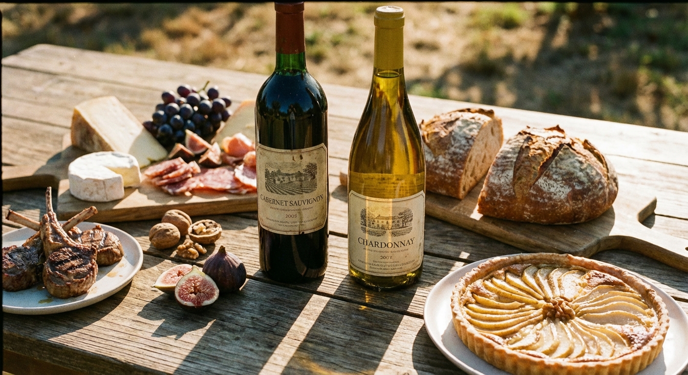 A curated case of wine on a table with food
