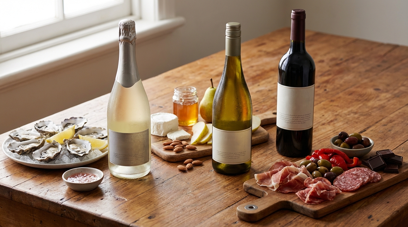 Wine bottles on a table with food