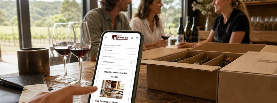 A winery staff member helping a customer join a wine club on their phone
