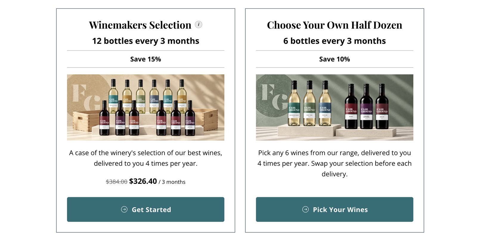 Two wine club cards on the Fairground Wines demo store: Winemakers Selection and Choose Your Own Half Dozen