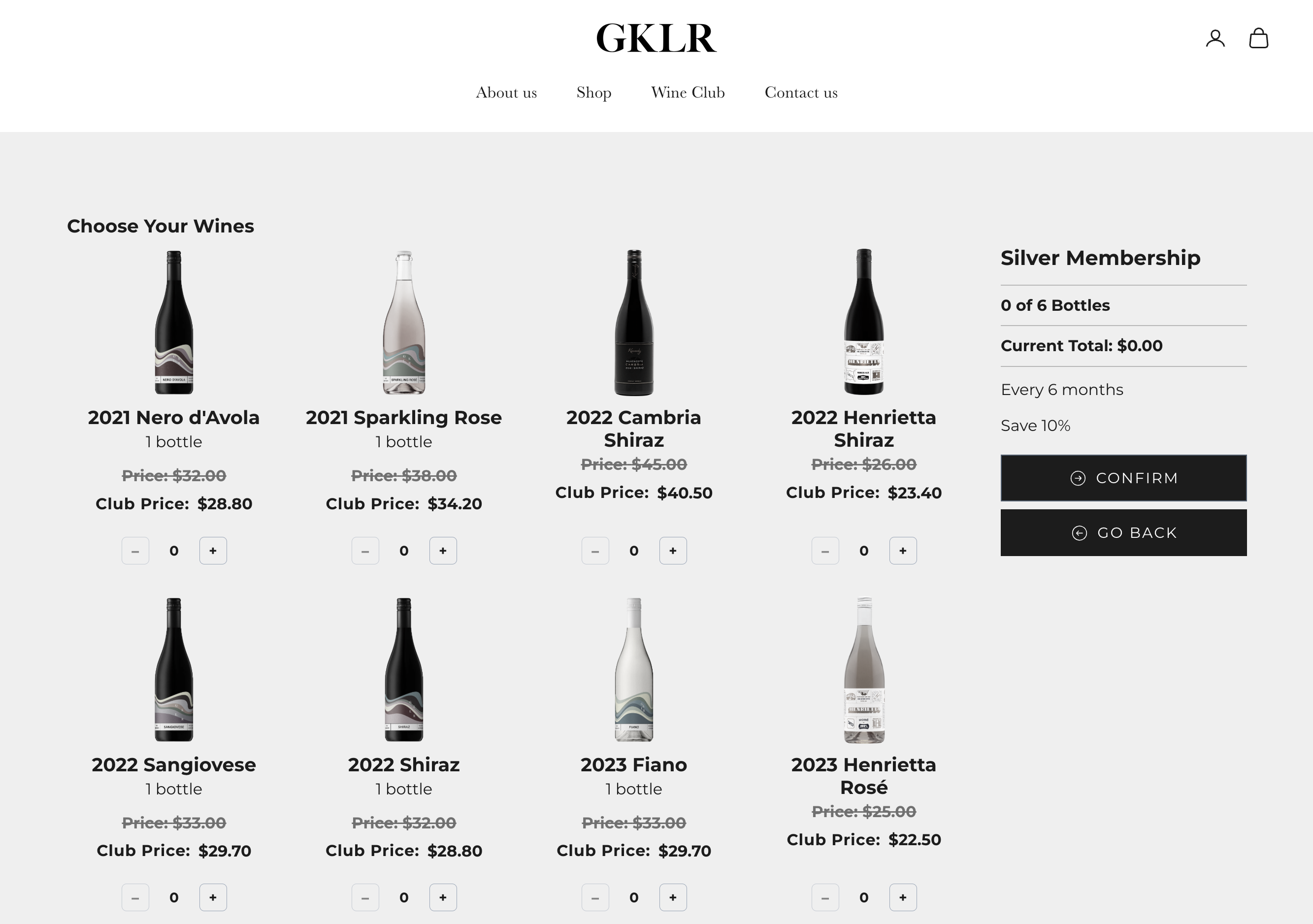 GKLR Wines' club signup page: members choosing the wines in their Silver Membership case at club prices