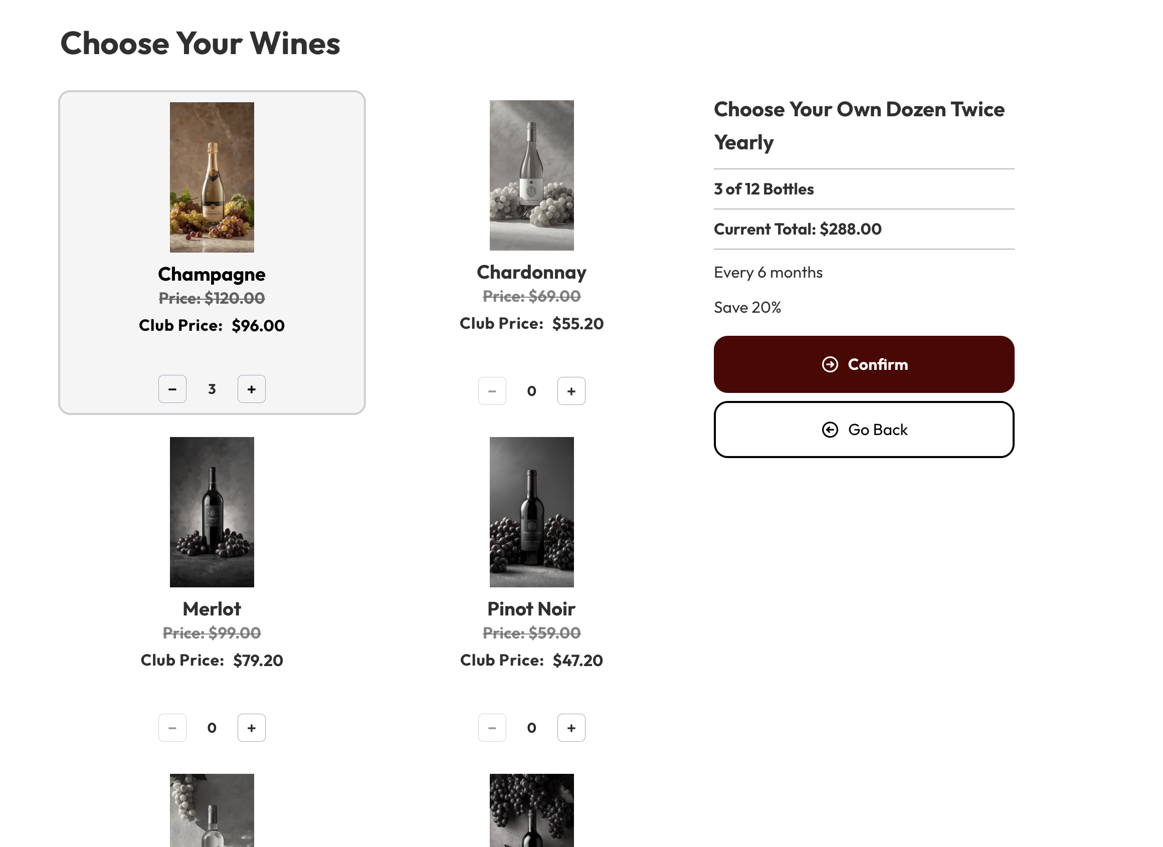 The Choose Your Wines step of the signup widget: members picking the bottles in their dozen at club prices